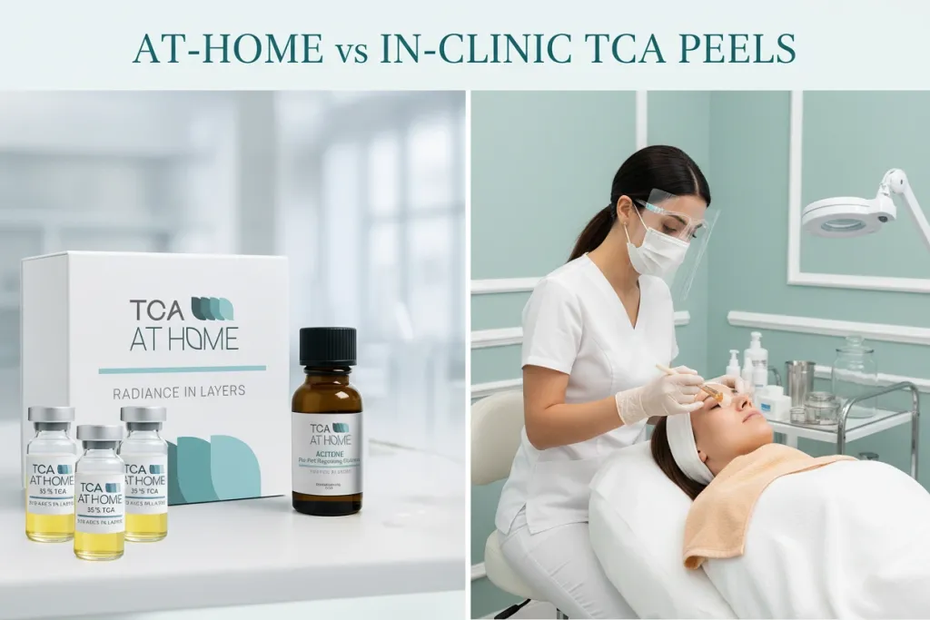 At-home TCA peel kit in bathroom vanity setting versus professional clinical spa treatment environment
