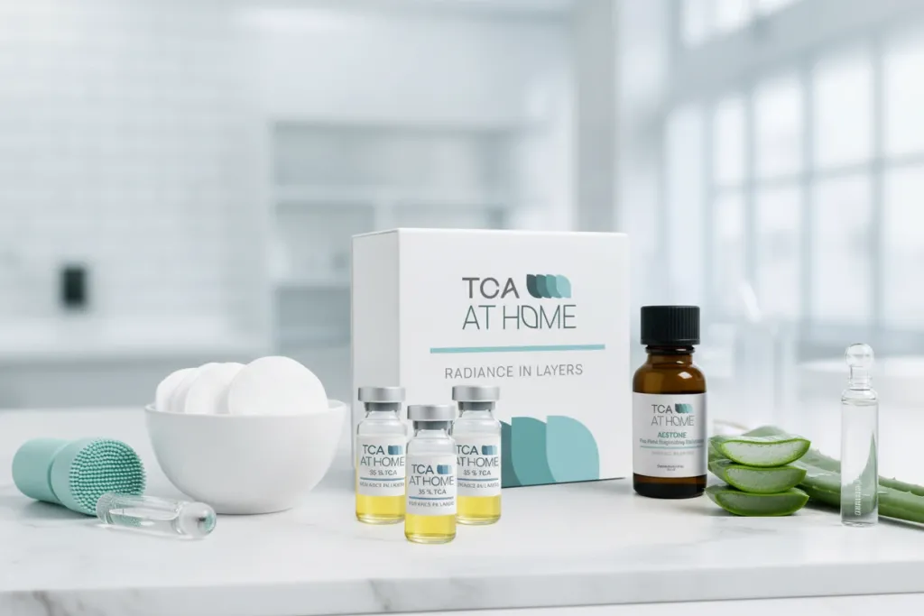 Managing acne during TCA peel healing process with gentle skincare products and treatment accessories
