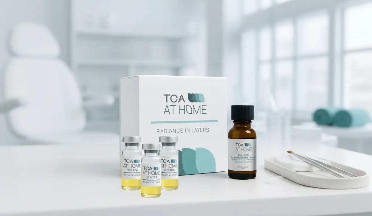 TCA chemical peel for acne treatment with professional TCA AT HOME products and clinical skincare setup