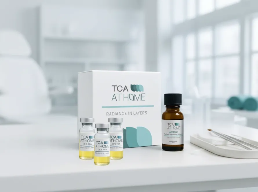 TCA chemical peel for acne treatment with professional TCA AT HOME products and clinical skincare setup