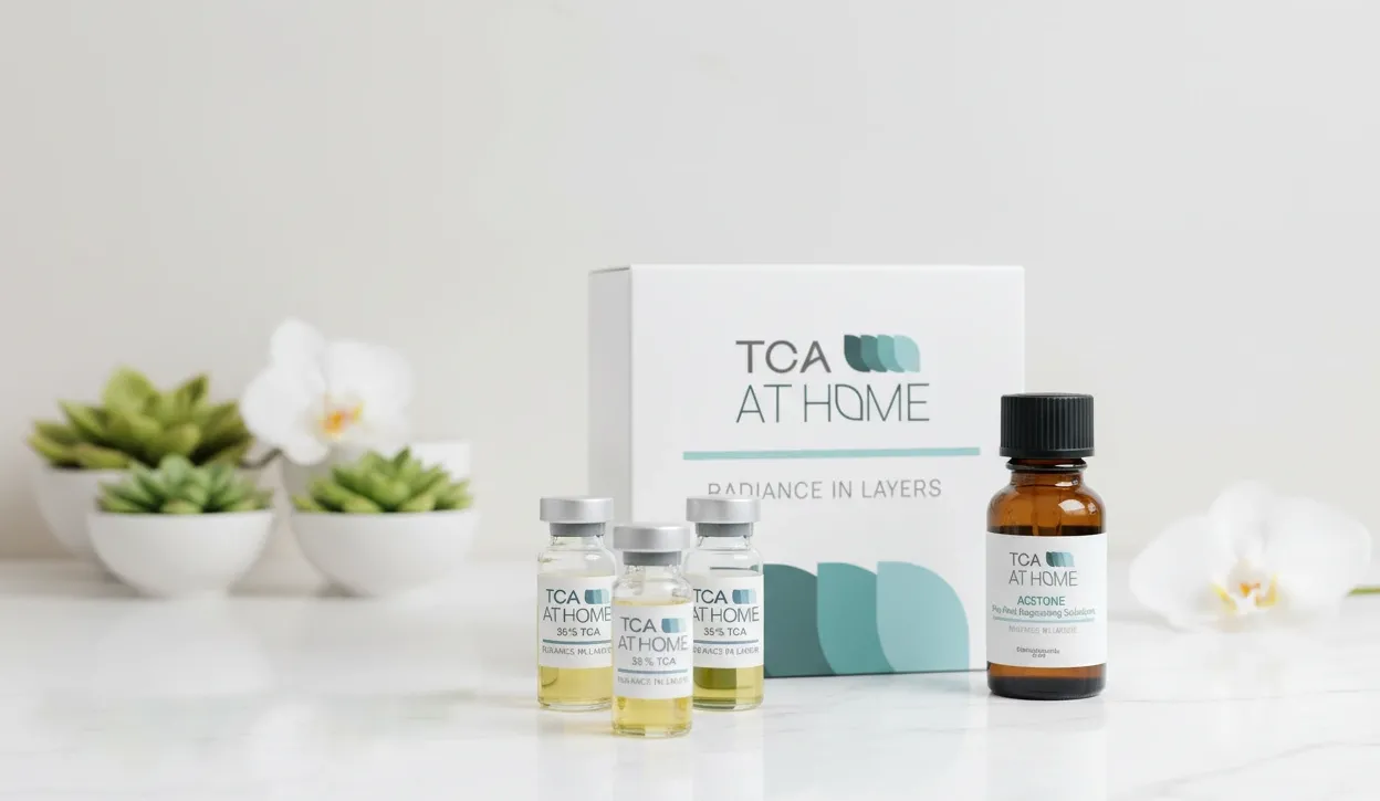 TCA AT HOME peel products for acne-prone skin aftercare with professional skincare vials and packaging