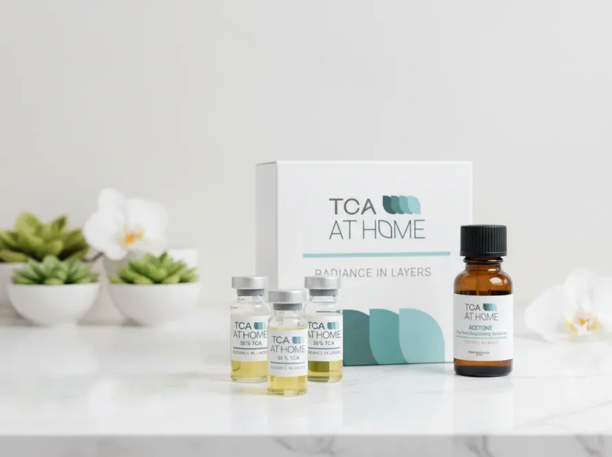 TCA AT HOME peel products for acne-prone skin aftercare with professional skincare vials and packaging