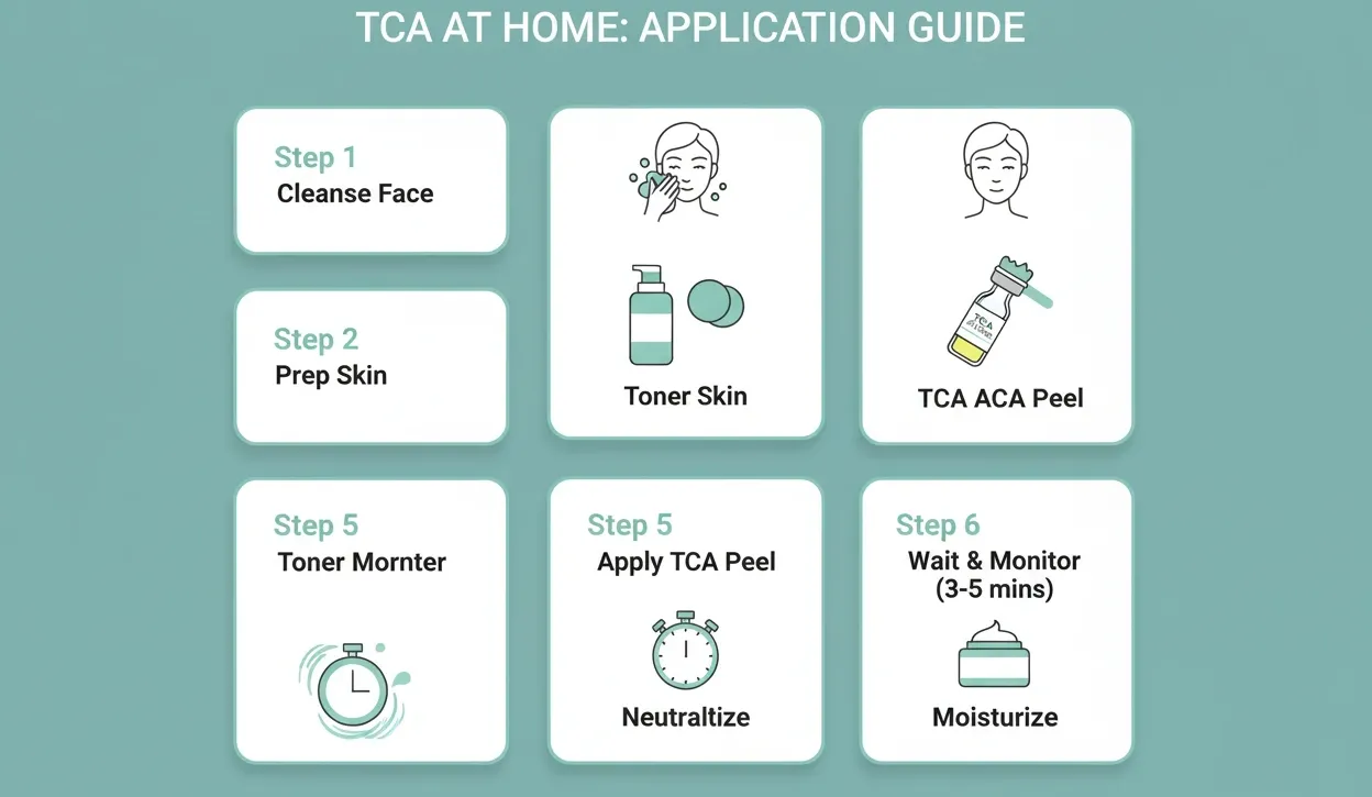 Six step infographic showing how to apply TCA peel at home from cleansing to moisturizing