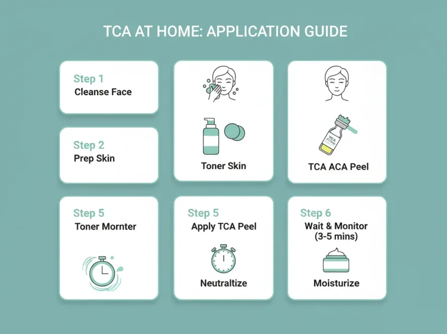 Six step infographic showing how to apply TCA peel at home from cleansing to moisturizing
