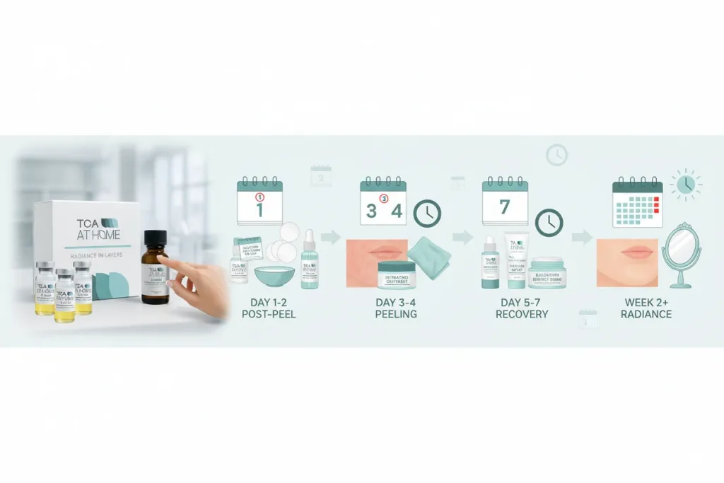 TCA peel healing timeline showing treatment process stages with professional skincare products