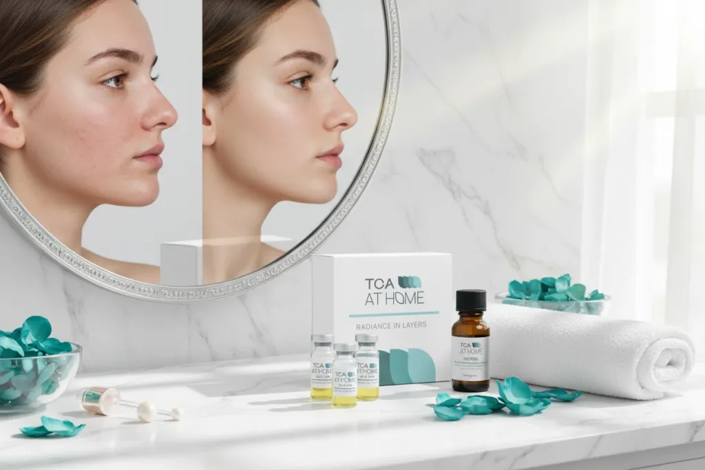 Realistic before and after results from TCA chemical peel for acne with transformation skincare products