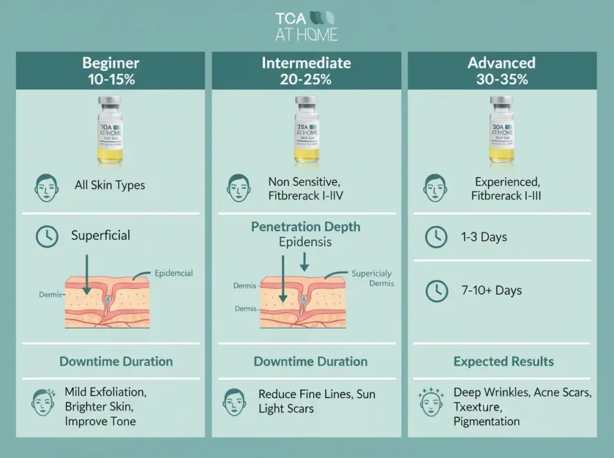 TCA At Home peel products showing different strength options for at-home chemical peel treatment