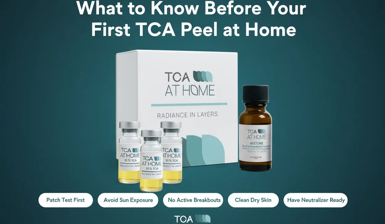 TCA peel at home kit with skincare bottles and preparation tips