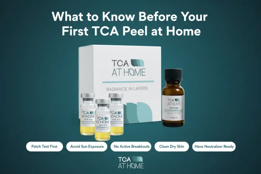 TCA peel at home kit with skincare bottles and preparation tips
