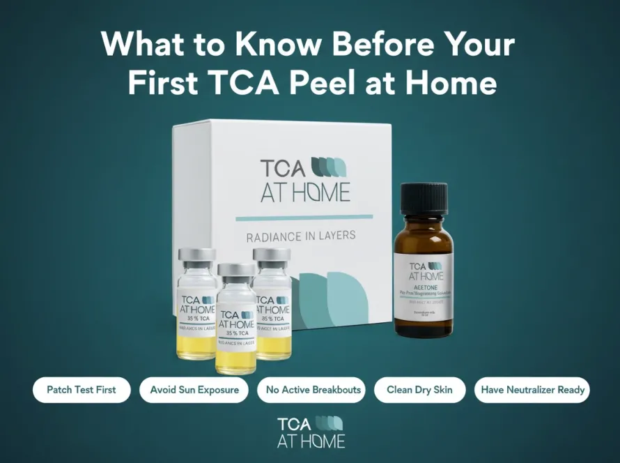 TCA peel at home kit with skincare bottles and preparation tips