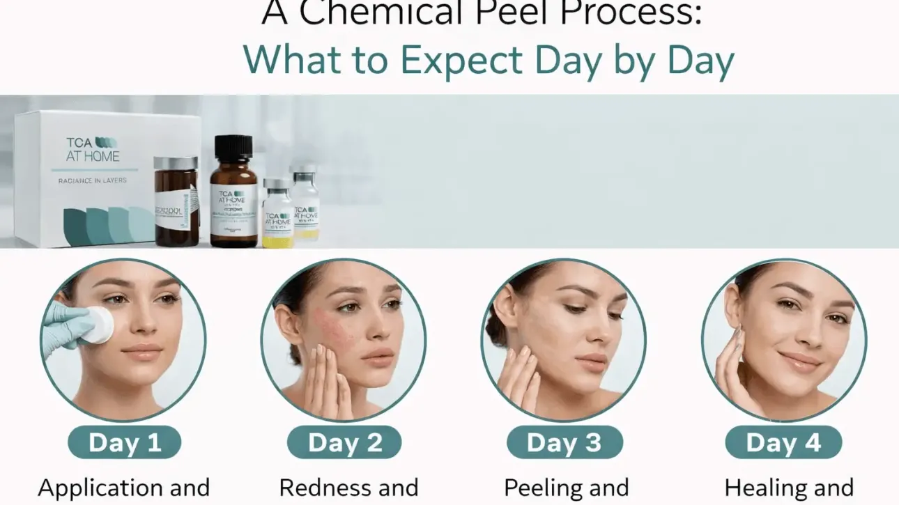 Chemical peel process showing daily skin peeling and healing stages.