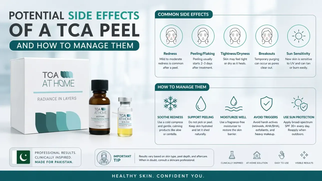 TCA peel kit showing side effects and care tips.